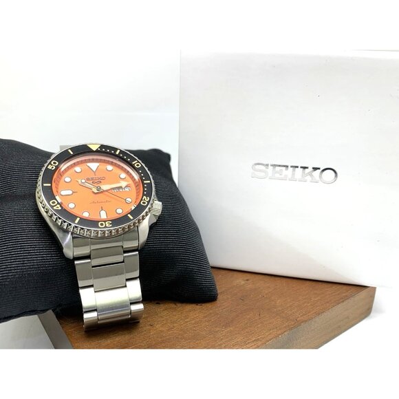 Seiko 5 Men's Watch SRPD59 Automatic Orange Dial Day Date Silver Stainless Steel - Picture 3 of 15